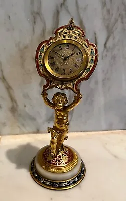 Antique French Ormolu Champleve Enamel Desk Clock W/figural Cherub *WORKING* • $1440.36