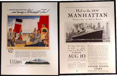 2 - United States Lines Magazine Advertisments S.S. Manhattan  1930s • $24