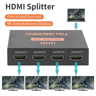 HDMI BOX 1*4 HDMI Splitter 1 Input 4 Output 4K 3D 4 HDMI Signal Distributor UK • £8.59