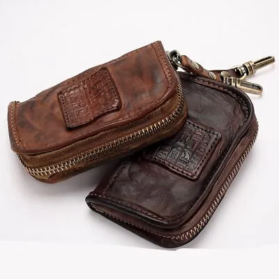 Vintage Genuine Leather Key Wallet Men Short Zipper Card Holder Coin Purse Bag • $22.99
