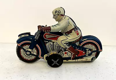 Vintage ~ Sato Tin Toy Friction Powered ~ PD Police Motorcycle ~ Made In Japan • $100