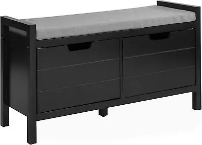 £114.91 • Buy Black Storage Bench Grey Cushion Wooden 2 Doors Shelves Entryway Hall Room Shoes