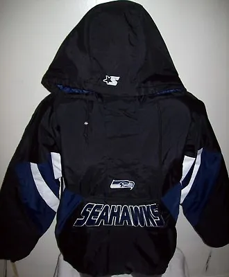 SEATTLE SEAHAWKS Starter Hooded Half Zip Jacket BLACK W BLUE MEDIUM LARGE • $112.50