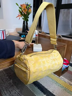 VERY RARE Chanel Printed Nylon Coach Travel Line Yellow Barrel Bag • $679