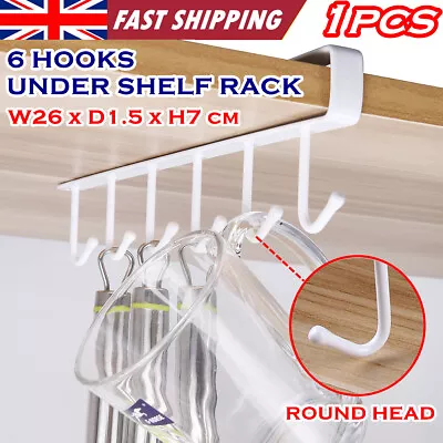 6 Hooks Metal Under Shelf Mug Cup Holder Kitchen Cupboard Organiser Hanging Rack • £2.99