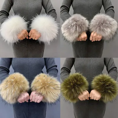 Women Fluffy Faux Mink Fox Fur Cuffs Winter Warm Arm Warmer Bracelet Fur Gloves • $11.20