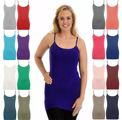 Ladies Long Vest Top Cami Strappy Stretch Plain Vest T-Shirt Camisole Top.. • £7.99