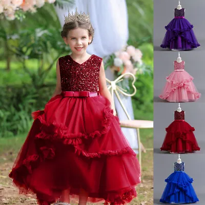 $50.99 • Buy Girls Princess Sleeveless Sequins Dress Kids Party Wedding Formal Flower Dresses