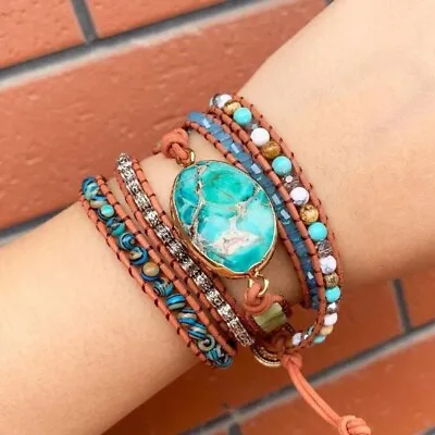 Turquoise Boho Women 5 Strand Wrap Handmade Healing Anxiety Relief Bracelet Gift • $19.50