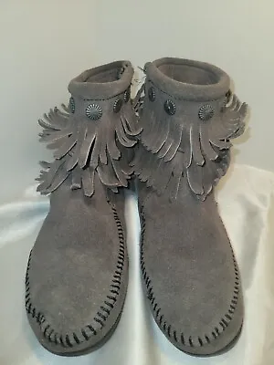 Minnetonka Women's Moccasin Ankle Boots Size 7 Double Fringe Gray Suede Boho  • $18