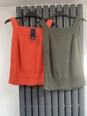 Bnwt New M&S 2x  Knitted Tank Top Vests Size S 8-10 Mango Coral & Hunter Green • £10.50