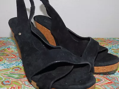 Womens Size 11 Black Ugg Hazel Suede Platform Wedge Slingback Shoes Heels • $39.95