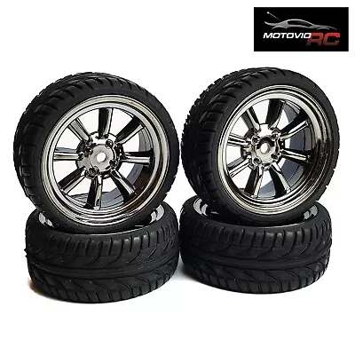 1/10 RC Road 8 Spoke Wheels Tyres Dark Chrome For Tamiya TT02 TT01 MF01X Escort  • £22.99