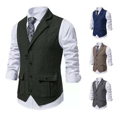 Mens Vintage Collar Waistcoat Wool Mix Herringbone Tweed Check Tailored Fit Vest • £13.93