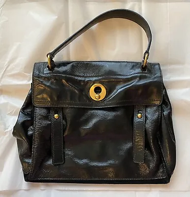 $450 • Buy Vintage Yves Saint Laurent YSL Black Patent Leather/Suede Muse 2 Two Bag Handbag