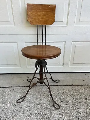 RARE ANTIQUE INDUSTRIAL DRAFTING BAR SWIVEL STOOL CHAIR Twisted Iron Base • $599.99