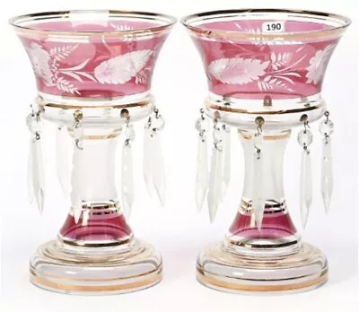 Victorian Era Cranberry Glass Candle Lusters  With Glass Prisms (set Of 2) • $999.99