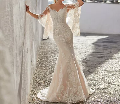 Luxury Mermaid Wedding Dress O-Neck Embroidered Lace Applique Bridal Gowns Train • $152.60