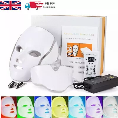 7 LED Light Photon Therapy Face Neck Mask Rejuvenation Skin Wrinkles Anti-aging • £28.99