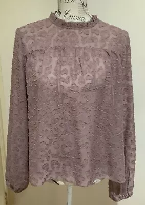 DECJUBA  Size 12 Long Sleeve Dusty Pinky Brown Sheer Frilled High Neck Blouse • $7