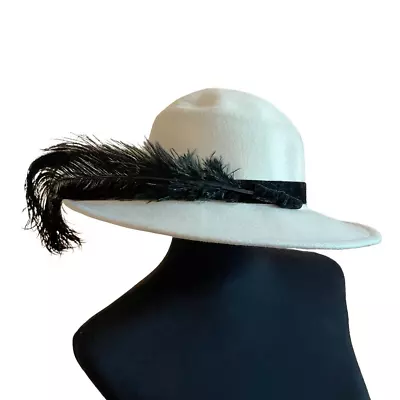 Vintage Betmar White Wool Floppy Brim Felt Hat Black Feather Velvet • $40