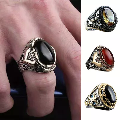 Retro Turkish Ring For Men Vintage Black Zircon Rings Punk Hip Hop Jewelry Gif ` • $2.28