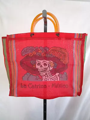 La Catrina Mexico Day Of The Dead Red Reusable Mesh Market Bag 14 H X 16 L X 5 D • $6.99