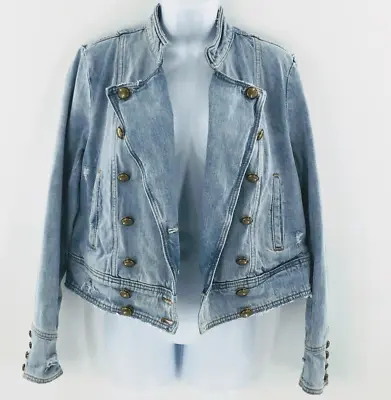 Free People Denim Jacket Ferry Military Distressed Light Blue Wash Sz S • $40