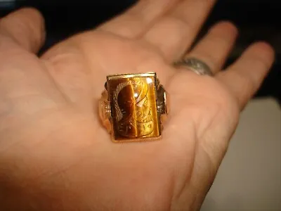Vintage Unique 10k Gold Cameo Tiger Eye Mens Signet Pinky Ring Size 10.5 • $294.99
