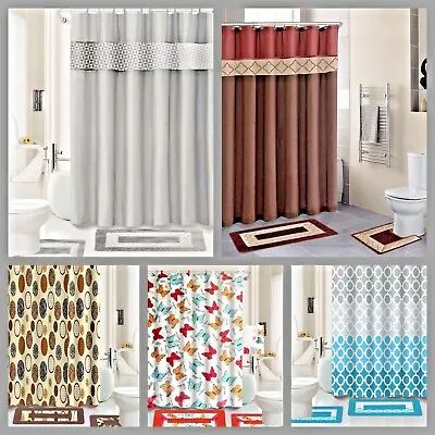 New Country Style Bathroom Shower Curtain Matching Bath Mat Countour Rug Set • $20.40