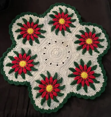 Vintage Christmas Poinsettia Doily Table Topper Hand-Crocheted 25” Diameter • $21