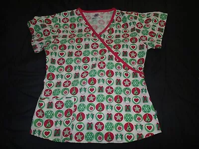 Women's Scrub Top Landau Christmas Holiday Themed V-neck Size XS • $9.95