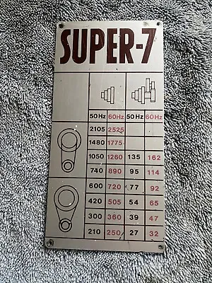 Original Beeston Myford Super 7 Headstock Pulley Guard Belt Speed Chart - Plaque • £9.99