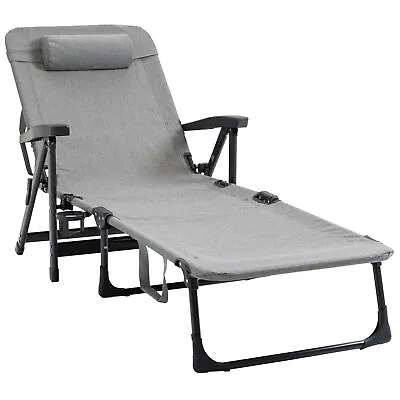 Outsunny Folding Chaise Lounge Garden Lounger Headrest Cup Holder Light Grey • £59.99