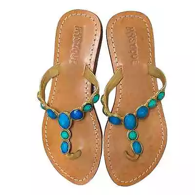 MYSTIQUE Turquoise Jeweled Rhinestones Leather Thong Sandals Flip Flop Size 7 • $55