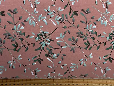 Cotton Jersey Knit Leaves Fabric By 1/2 Metre* Green Pink • £0.99