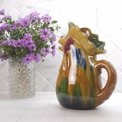 VINTAGE Yellow Rustic Country Pottery Pitcher Jug Chicken Rooster 9  • $31.99