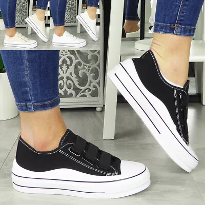 Canvas Trainers Elastic Slip On Ladies Womens Low Top Casual Sneakers Shoes Size • £14.99