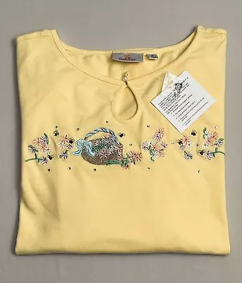 QUACKER FACTORY Yellow Top Floral Bee’s Embroidered Embellished XL New! • $34.99