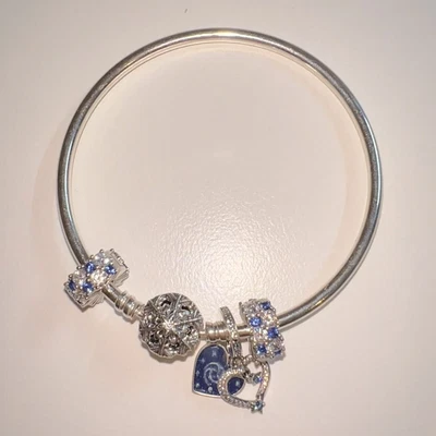 $120 • Buy Pandora Bangle With Blue And Silver Charms