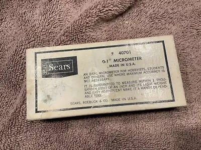 Vintage SEARS Roebuck  & Co.#40701 0-1” Micrometer. Orig Box Instruction USA • $21