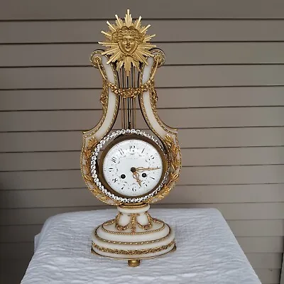 Rare Tiffany Antique French Gilded Bronze & White Carrara Marble Lyre Clock • $4800