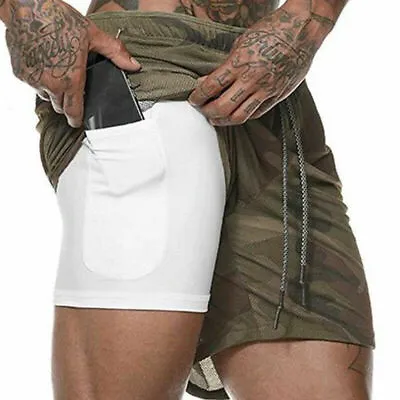 Men's 2 In 1 Sports Running Shorts Gym Training Fitness Bottoms With Pockets • £7.89