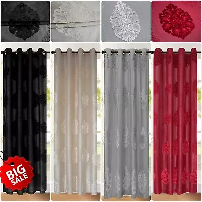 UK Ready Made Eyelet Ring Top Voile Net Curtain Flock Velvet Damask Single Panel • £19.55