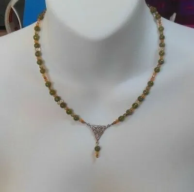 Sterling Silver Celtic Irish Green/Orange Glass Bead Necklace • $37