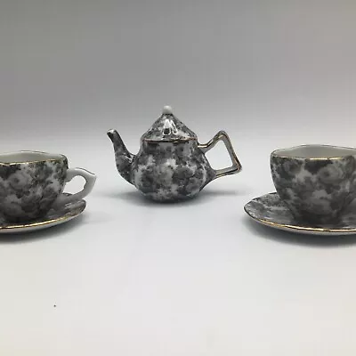 Vintage Miniature ￼￼Porcelain Black Floral Teapot W/2 Cups/Saucers Display Set • $13.49