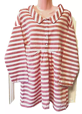 Linen Blend White & Pale Red Smocked Tunic Top Collared Relaxed Fit Size M BNIB • £3.25