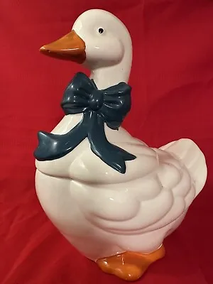 Country Goose Duck Cookie Jar White Blue Ribbon Taiwan 13.5  Vintage Nice • $24.90