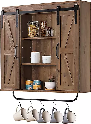 Rustic Wood Wall Storage Cabinet With Two Sliding Barn Door 3-Tier Decorative F • $191.69