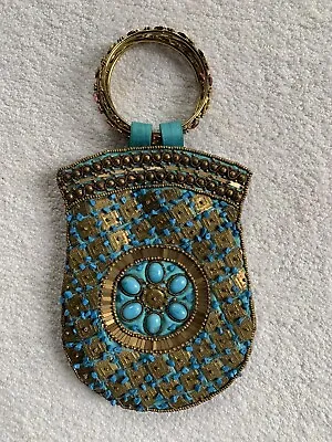 Vintage Bougainvillea Evening Handbag Turquoise Gold Beaded Stones Rings India • $44.95